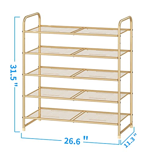 Image of Simple Trending 5-Tier Stackable Shoe Rack, Expandable & Adjustable Shoe Shelf Storage Organizer, Metal Mesh, Gold
