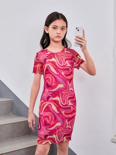 WDIRARA Girl's Marble Printed Lettuce Trim Dress Short Sleeve Crewneck Bodycon Dress4