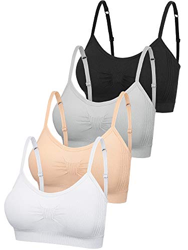 SATINIOR 4 Pieces Bralette V Neck Cami Bra Wireless Tank Top Bra Sports Bra for Women Girls (Black, Grey, Nude, White, X-Large-XX-Large)