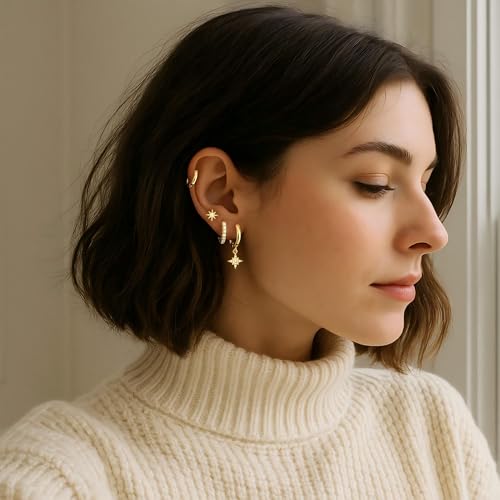 Image of Small Gold Huggie Hoop Earrings Set for Women Men Hypoallergenic 14K Plated Stack Cartilage Earrings, Sterling Silver Multiple Piercing Lightweight Mini Thin Cute Dainty Trendy Jewelry Gifts for Women