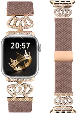 Braided Band Compatible with Apple Watch Bands 40mm 38mm 41mm 42mm 44mm 45mm 46mm 49mm,Magnetic Soft Nylon Stretchy Strap with Designer Bling Crown Strap for Series 10/9/8/7/6/5/4/3/2/SE/Ultra