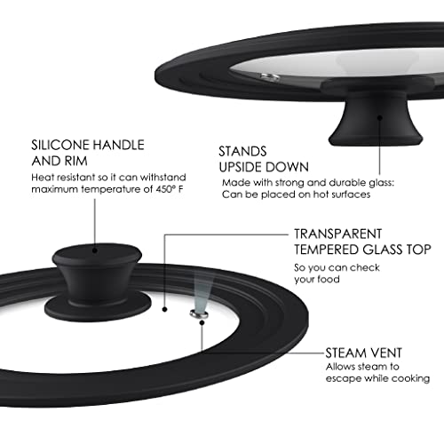 Houseables Universal Pot Lid, Pan Cover, Silicone, Tempered Glass, Black, Fits 6", 7", 8", 4Mm Thick, Vented, Replacement Top For Crockpot, Cast Iron Skillet, Heat Resistant Handle, Dishwasher Safe #TOP2