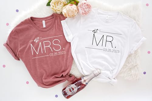 Mr and Mrs Shirts Custom Date Wifey and Hubby Shirts Bride and Groom Tees Wife and Husband Tshirts Honeymoon Tshirts for Couples Matching Est Date Just Married Tees3