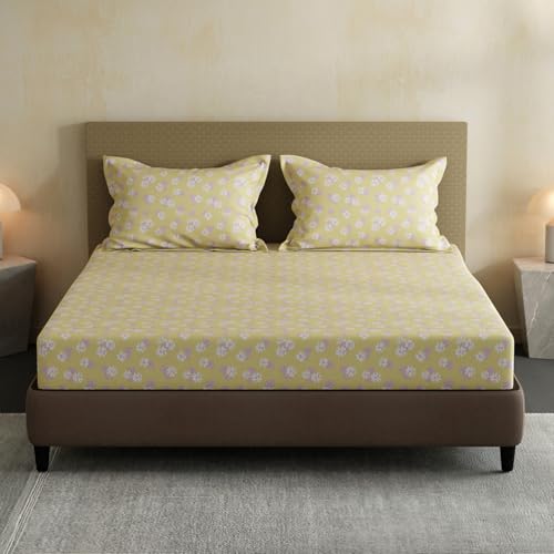 Image of Layers 100% Cotton Bedsheet for Double Size Bed | Lumina Floret Collection | 144 TC Soft & Breathable | Floral Print with 2 Pillow Covers | Wrinkle Free & Colorfast | 3 Piece Bedding Set - Yellow