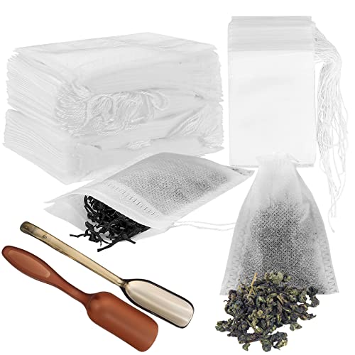 200 Pièces Sac Filtre à Thé Jetable Non-Tissé Filtre à Thé, Sachet de Thé Réutilisable Petits Sac Pour Infuseur à Thé Avec Cordon de Serrage (Comprend 2 Cuillères à Café) Cover