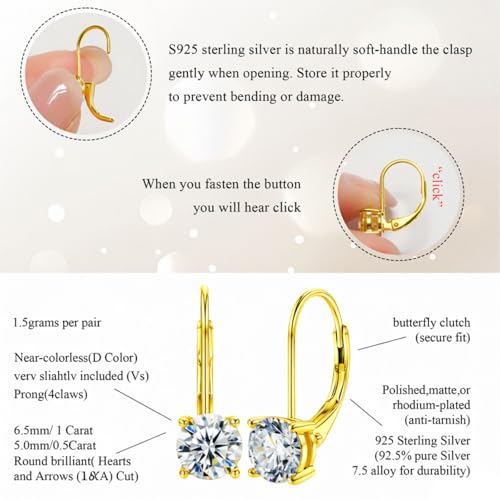 Image of Moissanite Stud Earrings for Men Women, 925 Sterling Silver 18K White Gold Plated, 1CT 6.5mm Round Cut, VVS1 D Color (0.6-2ct)