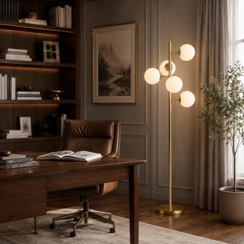 Image of BOKT Brass Floor Lamp 5 Head Milk Glass Vintage Adjustable Reading Lamp