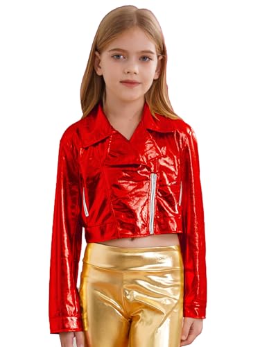 Linjinx Kids Girls Shiny Metallic Motorcycle Short Moto Biker Outwear Long Sleeve Hip Hop Jazz Street Dance Coat Tops