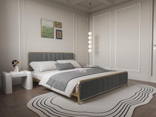 Image of Modern Upholstered Queen Size Bed for Bedroom | Metal Double Bed | Platform Cot Bed with Upholstery Premium Fabric | (6.5 x 5 Ft) | Powder Coated Bed | Grey