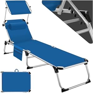 tectake® Zonneligstoel met dak, balkonligstoel van aluminium, inklapbare ligstoel voor tuin, camping en strand, verstelbare rugleuning, incl. hoofdkussen en zijzak