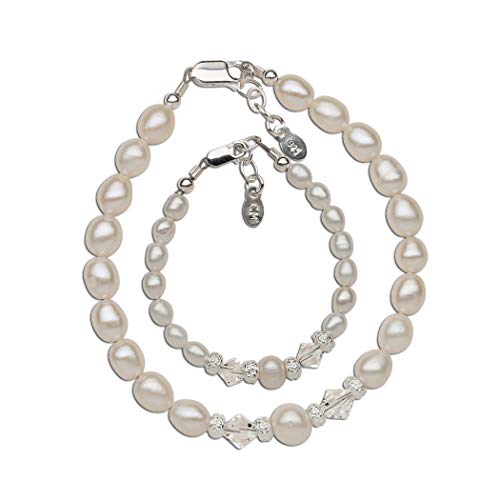 Sterling Silver Mom and Me Cultured Pearl Bracelet Set with Swarovski Crystals for Mother and Daughter (0-12 months)