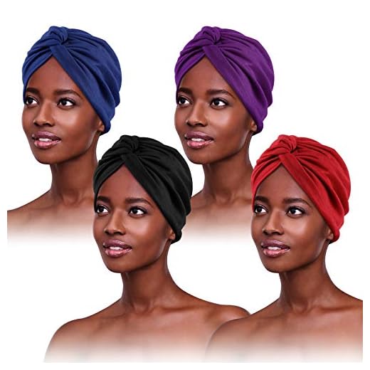 PHOGARY 4 Piezas Turbantes para Mujer,Pañuelos Quimioterapia,Gorros Oncologicos para Mujer,Pañuelo Cabeza Mujer, Mujer Pelo Largo Verano Turbantes Lástico Frontal Cruzado Algodón