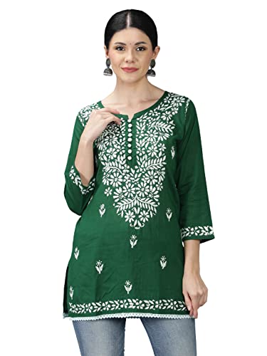 Image of Seva Chikan Hand Embroidered Lucknowi Chikankari Cotton Short Top Tunic for Women SCL9017