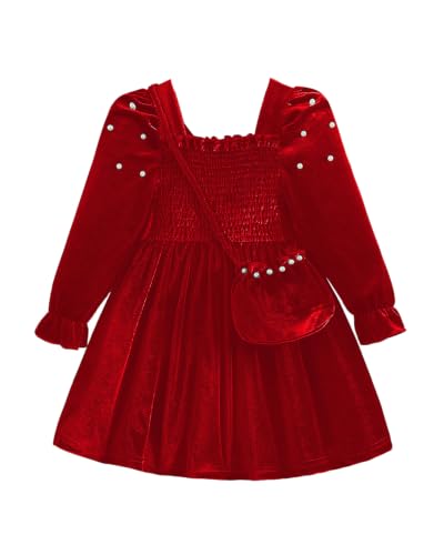 Image of JiAmy Girls Velvet Long Sleeve Dress with Crossbody Bag 140,Red