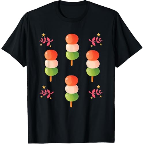 花見団子 5連串 赤白緑 桜の花びら 黄色い星 和風デザイン ブラック Tシャツ 半袖 カジュアルのサムネイル