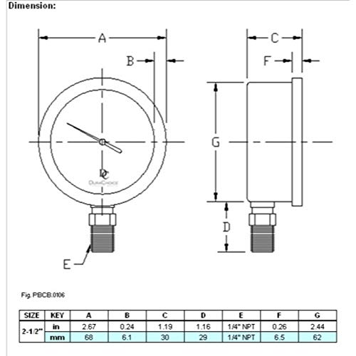 Durachoice 2-1/2" Oil Filled Pressure Gauge - Stainless Steel Case, Brass, 1/4" Npt, Lower Mount Connection 0-200Psi #TOP4