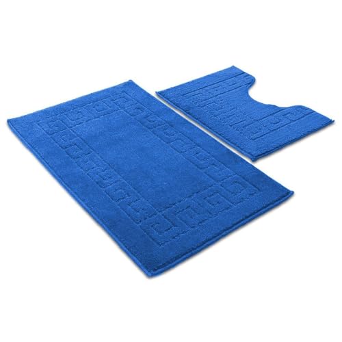 Ambience Products Juego de 2 alfombrillas de baño con patrón de llave griega, antideslizantes, suaves, lavables, de secado rápido, absorbentes de agua, para ducha y pedestal (azul oscuro)