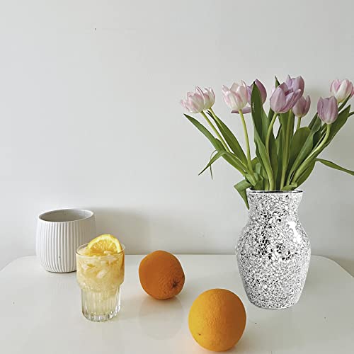 Hmrcyte Mosaic Glass Flower Vase, 7.85" Silver Handmade Glass Vase, Shiny Modern Mirrored Vase, Glitter Mosaic Table Centerpiece Container For Home Decor Office, Living Room, Bookshelves, Wedding Gift #TOP6