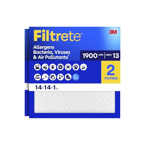 Filtrete 14x14x1 Air Filter, MERV 13 MPR 1900, Allergens, Bacteria, Viruses & Air Pollutants, 3-Month AC/Furnace Filters, Cleaner Air Reliable Airflow, 2 HVAC Filters(Act Size 13.81x13.81x0.78 in)