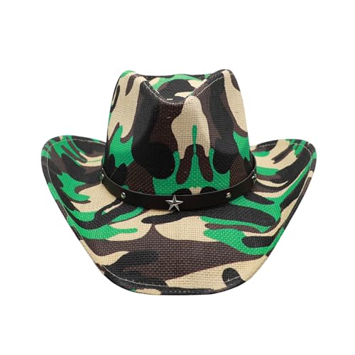 Image of Mens Straw Cowboy Hat Unisex Western Beach Sun Hat for Men Women Wide Brim Fedora Hat Cowgirl Hats Summer Panama Hat
