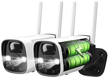Cámaras de seguridad inalámbricas para exteriores de 2K con foco, cámaras de vigilancia WiFi alimentadas por batería con visión nocturna en color, audio bidireccional, funciona con Alexa Paquete de 2