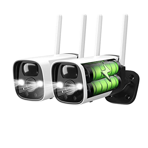 Cámaras De Seguridad Inalámbricas Para Exteriores De 2K Con Foco, Cámaras De Vigilancia Wifi Alimentadas Por Batería Con Visión Nocturna En Color, Audio Bidireccional, Funciona Con Alexa Paquete De 2 #TOP2