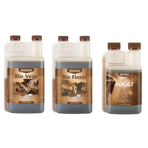 Florateck Canna Bio-Pflanzendünger, für Innen- und Außenbereich Bio Flores 1Liter, Bio Vega 1 Liter Bio Boost 250ml