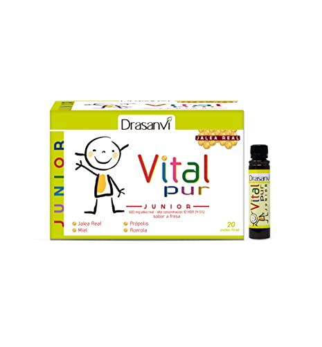 DRASANVI VITALPUR JUNIOR - Miel + Jalea Real + Polen + Própolis + Vitamina C (procedente de la Acerola) - Agradable sabor a fresa - 20 viales x 15ml