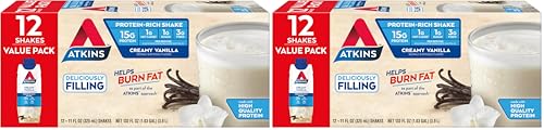 Atkins Creamy Vanilla Protein Shake, 15g Protein, Low Glycemic, 2g Net Carb, 1g Sugar, Keto Friendly, 12 Count (Pack of 2)