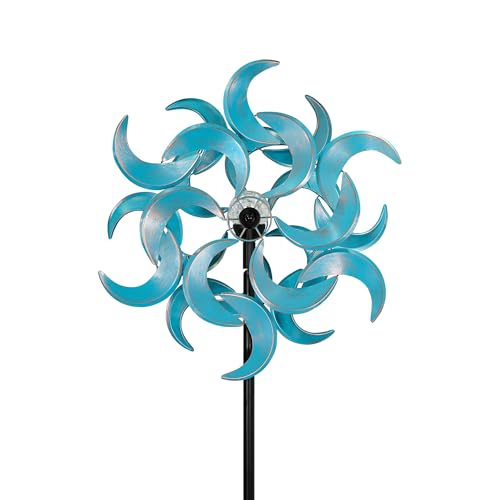 87" Wind Spinner Outdoor with Solar Light, Large Metal Wind Sculptures Spinners, Windmill for Garden Yard Patio Lawn Decor - Azure Moon (23" W x 87" H)