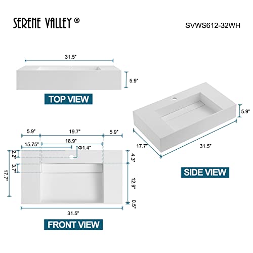 Serene Valley Floating Or Countertop Bathroom Sink, Classic Square Sink With Hidden Drain Design, 32" Solid Surface Material In Matte White, Svws612-32Wh #TOP1