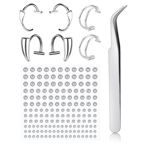 JFORYOU Fake Lip Ring Piercing Vampire Fangs Teeth Ring Fake Nose Ring Hoop Clip on Lip Nose Stud Stick on Fake Eyebrow Piercing Ring Face Piercing Balls