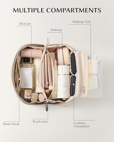 Image of EACHY Travel Makeup Bag, Large Capacity Cosmetic Bag for Women, Waterproof PU Leather, Flat Open Portable Toiletry Bag for Skincare, Brushes & Travel Essentials