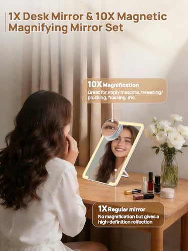 OMIRO Beleuchteter Make-up-Spiegel mit 10-facher Vergrößerung, 20,3 x 12,7 cm, Schreibtischspiegel mit verstellbarem Ständer und 3 Beleuchtungsmodi für Rasur und Reisen, Weiß