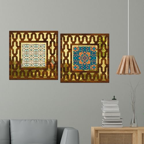 Image of Wooden Turkish Pattern Mirror Wall Decor Panel for Home Decor Living Room Bed Room Office (AD6, 12X12 Inches, Set of 2)