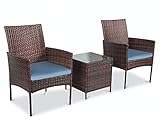 Pyramid Home Decor Alvino Patio Bistro Set 3-Piece Outdoor Wicker Furniture Sets, Modern Rattan Garden Conversation Chair with Thick Cushion and Glass Top Coffee Table (Grey)