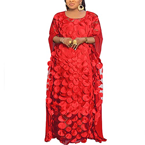 HD Robe Caftan Africaine en Mousseline de Soie pour Femme avec appliqués à Fleurs, Taille Unique, Rouge, Taille Unique