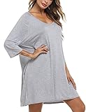 【Diseño camisón casual】Camisón manga 3/4 con cuello de V y vestido con bolsillos lateral, color puro, vestido elegante y generoso para dormir.