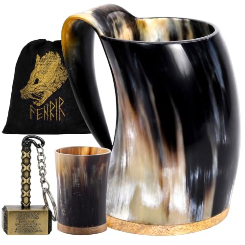 FENRIR Viking Drinking Horn Mug-16 Oz With Shot Glass | Viking Gifts for Men & Women | Bottle Opener | 100% Handmade & Real Ox Horn Tankard | Norse Viking Horn Cup For Beer/Ale (Shine Finish)