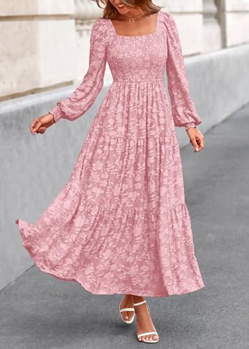 KIRUNDO Wedding Guest Dresses for Women 2026 Fall Long Sleeve Smocked Floral Flowy Spring Baby Shower Maxi Dress Pockets (Pink, X-Large) — view 3