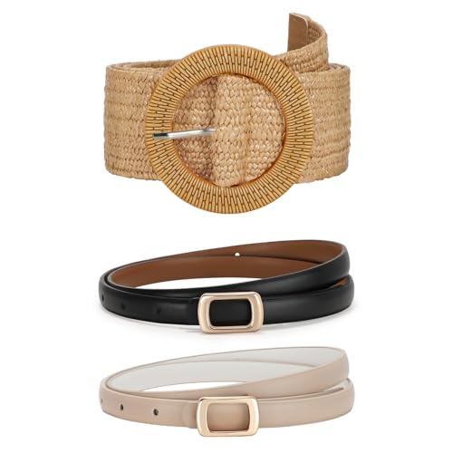 SUOSDEY Straw Woven stretchy Waist Belt Bundle with 2 Pack Women Reversible Thin Leather Belts