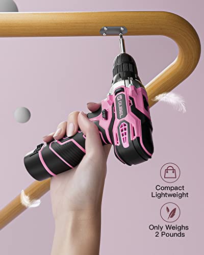 Drill Set, Oubel 12V Cordless Drill Pink With 42 Acessories, Pink Power Drill Cordless With 3/8" Keyless Chuck, Built-In Led, 2 Variable Speed, Pink Drill For Diy Home Projects, Around The House #TOP1