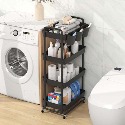 JIUYOTREE 4-Tier Plastic Rolling Storage Cart Utility Cart with Extra Hanging Cups Handles Lockable Wheels for Living Room Bathroom Kitchen Office Black - Image 2