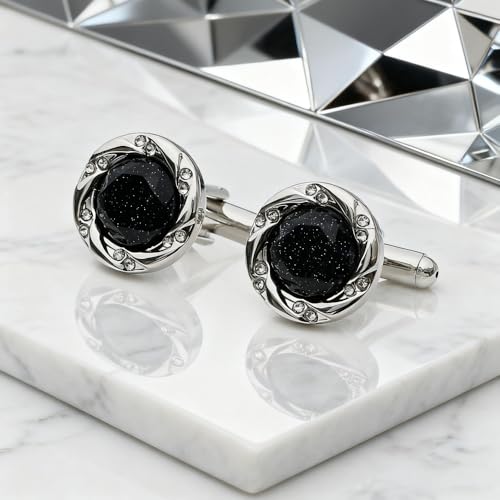 Set de Mancuernas para Hombre con Piedra Arenisca Azul Negra y Rhinestones miniatura 2