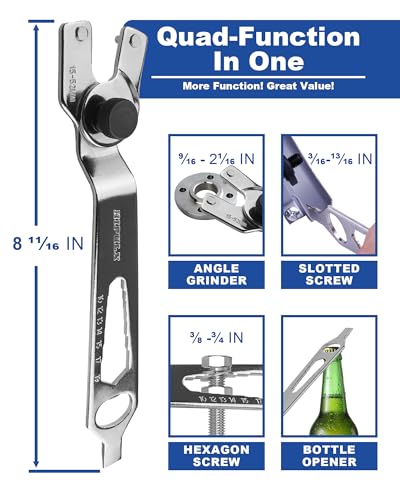 Image of 4-in-1 Angle Grinder Wrench | Multi-Function Pin Spanner | Adjustable 9 /16 inch-2 1 /16 inch | Hexagonal Nut Tool with Bottle Opener | Steel Nickel-Plated