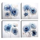 Wall HDQ Blue Flower Wall Art for Bathroom Bedroom Living Room Blue and White Wall Decor Floral Painting Canvas Print Picture for Home Decorations Framed Artwork Ready to Hang (12x12inchx4)