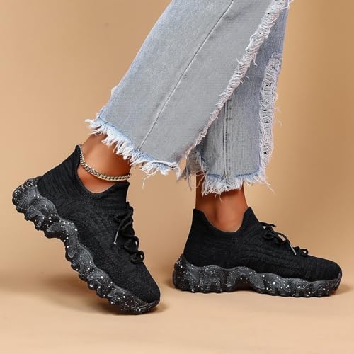 VOODUE Izarna Shoes, Izarna Simplysnug Shoes, Women's Breathable Knitted Casual Walking Shoes, 2024 Summer Lace Up Low Top Slip On Sneakers for Men Women(Black,US 9.5)3