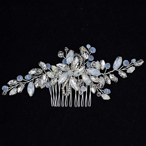 Wedding Hair Accessories, Fanvoes Hair Pieces Comb for Brides Bridal-Silver Vintage Headpiece Clip Barrette Jewelry w/Handmade Flower Rhinestone Light Blue Opal Crystal for Women Girls Bridesmaid