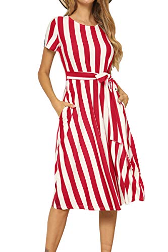 Women Loose Casual Striped Pockets Swing Summer Midi Belt Dress Red L