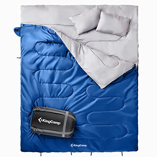 KingCamp 87 x 59 Inch 2 Person 20 Degree Lightweight Waterproof Couple Family Sleeping Bag with 2 Pillows for Camping, Hiking, & Backpacking, Blue